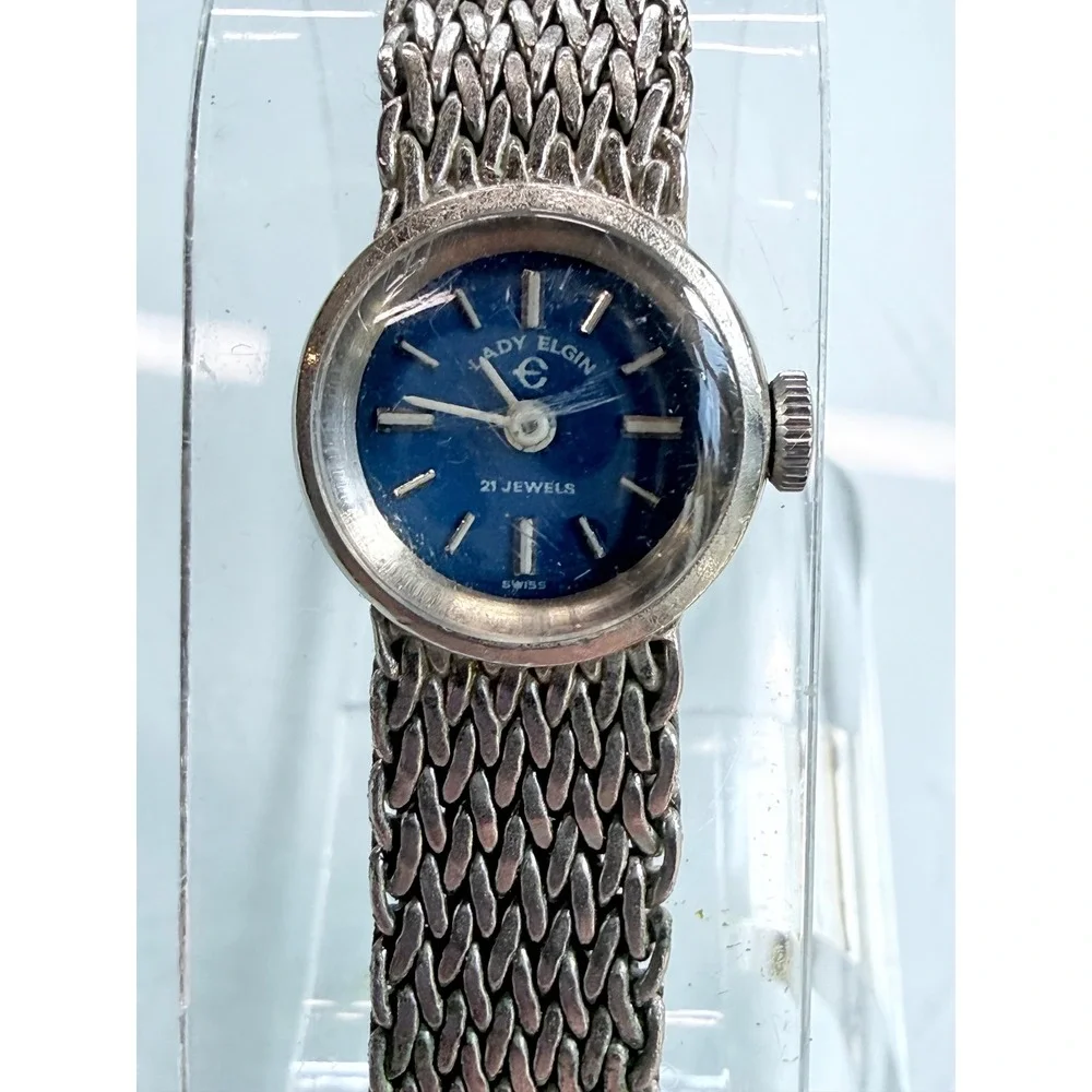 Vintage Lady Elgin 21 Jewel Swiss Mechanical Watch Blue Dial 8